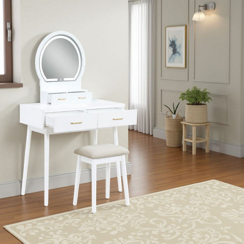 Anvy Vanity Desk Set with Mirror and Stool | 4 Drawers | White Wood