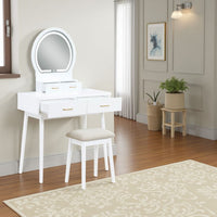 Anvy Vanity Desk Set with Mirror and Stool | 4 Drawers | White Wood