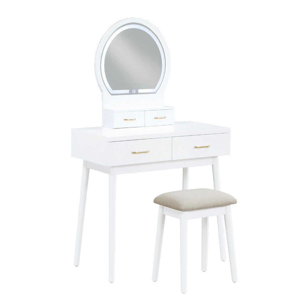 Anvy Vanity Desk Set with Mirror and Stool | 4 Drawers | White Wood