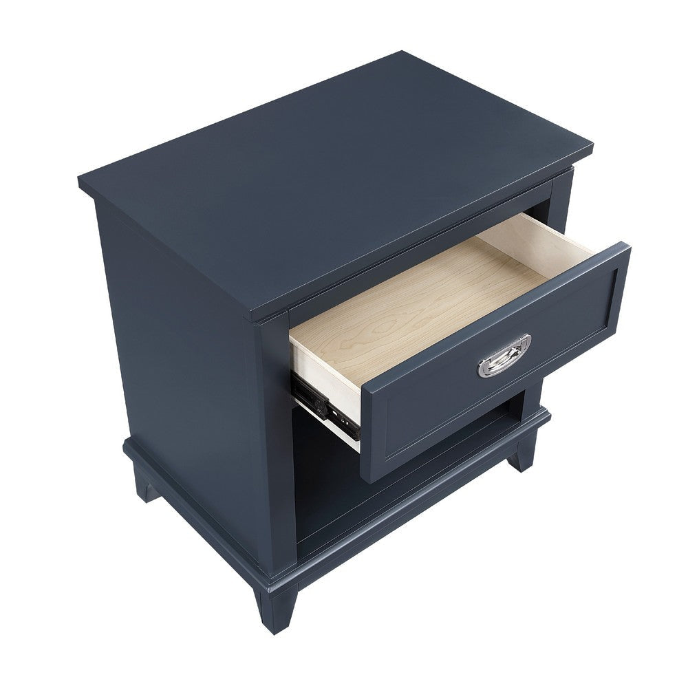 Sely Nightstand | 1 Drawer w Open Cubby | Navy Blue Wood | Ring Handle