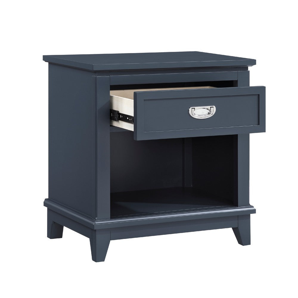 Sely Nightstand | 1 Drawer w Open Cubby | Navy Blue Wood | Ring Handle