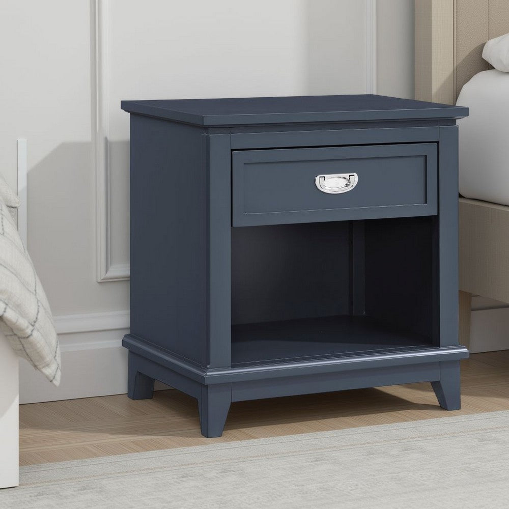 Sely Nightstand | 1 Drawer w Open Cubby | Navy Blue Wood | Ring Handle