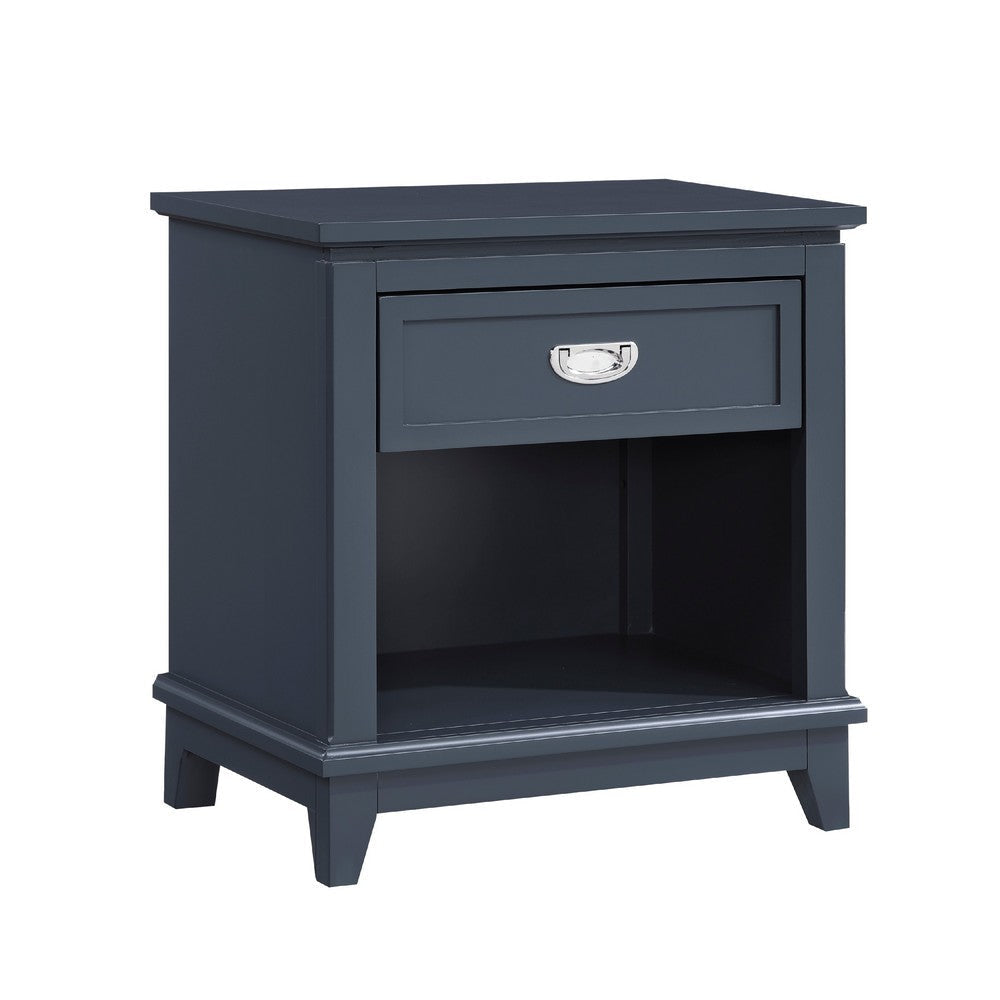 Sely Nightstand | 1 Drawer w Open Cubby | Navy Blue Wood | Ring Handle