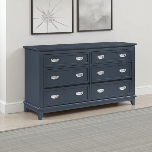 Sely Dresser | 55" | 6 Drawers | Navy Blue Wood Nickel Ring Handles