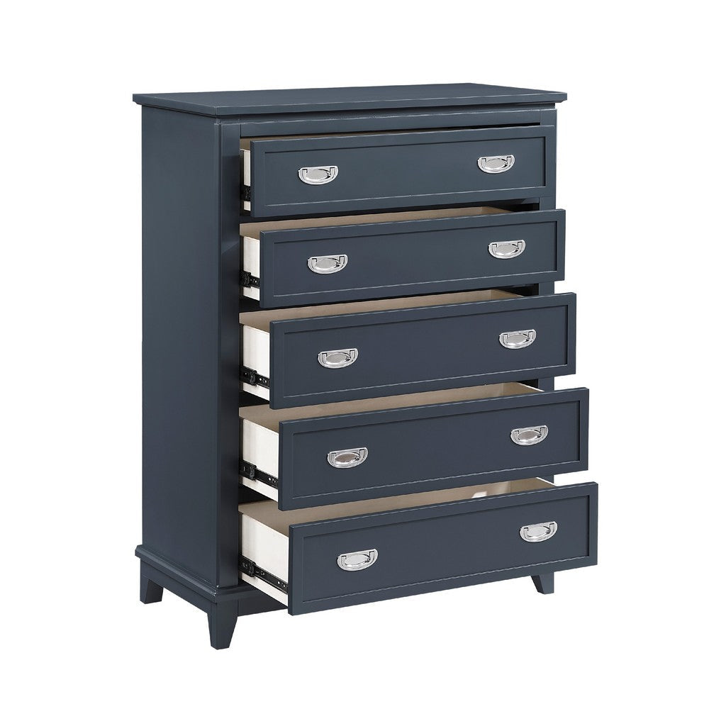 Sely Tall Dresser Chest | 5 Drawers | Navy Blue | Nickel Ring Handles