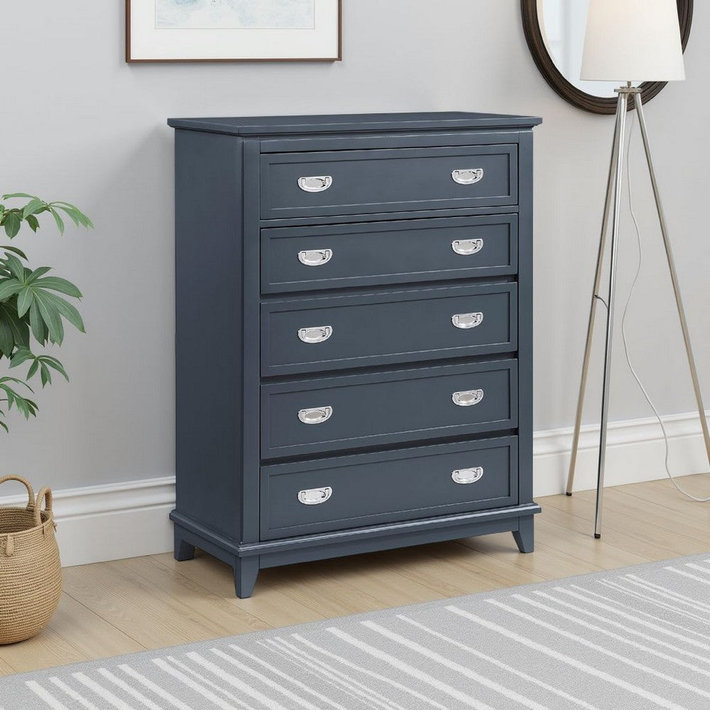 Sely Tall Dresser Chest | 5 Drawers | Navy Blue | Nickel Ring Handles