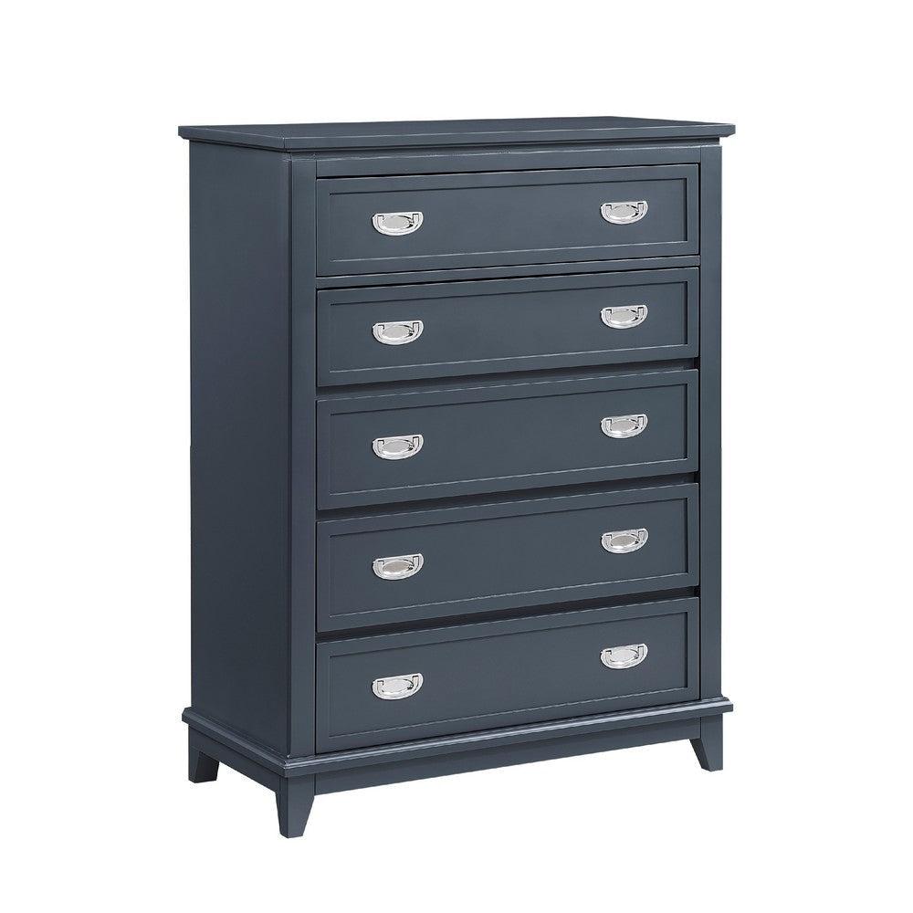 Sely Tall Dresser Chest | 5 Drawers | Navy Blue | Nickel Ring Handles