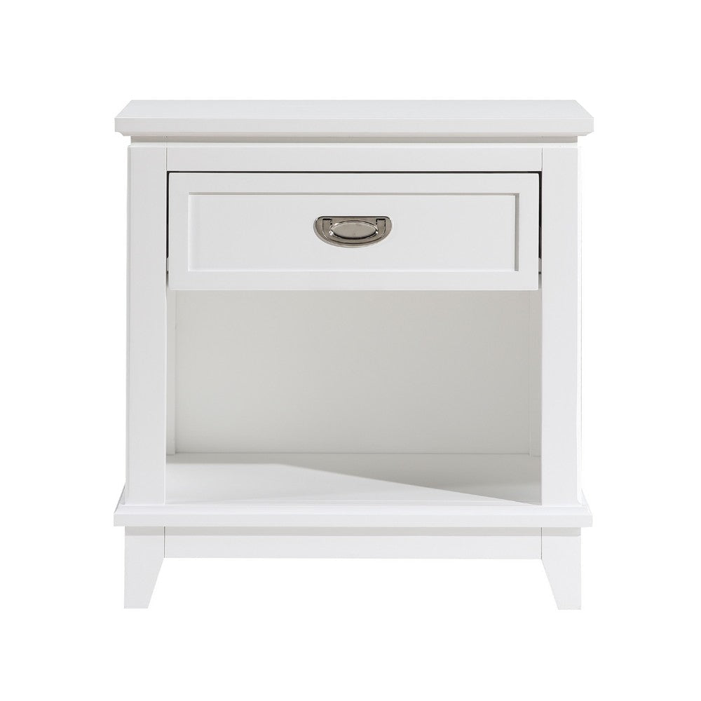 Sely Nightstand | 1 Drawer w Open Cubby | White Wood | Ring Handle