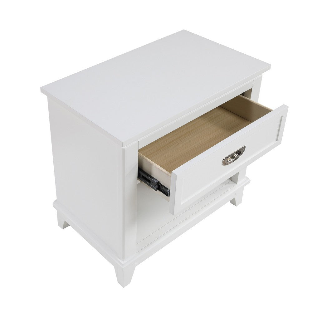 Sely Nightstand | 1 Drawer w Open Cubby | White Wood | Ring Handle