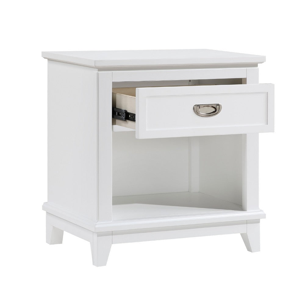 Sely Nightstand | 1 Drawer w Open Cubby | White Wood | Ring Handle