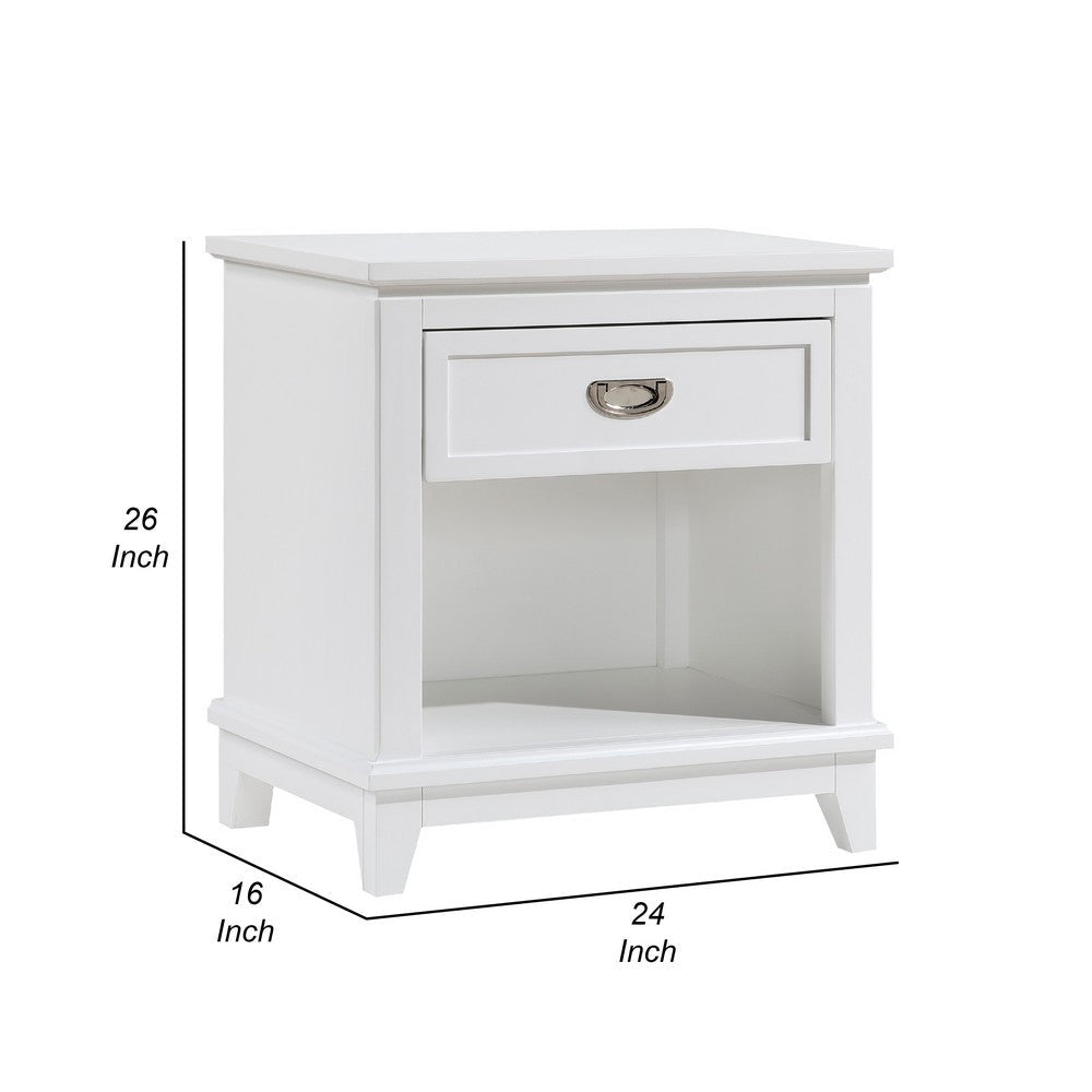 Sely Nightstand | 1 Drawer w Open Cubby | White Wood | Ring Handle
