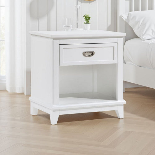 Sely Nightstand | 1 Drawer w Open Cubby | White Wood | Ring Handle