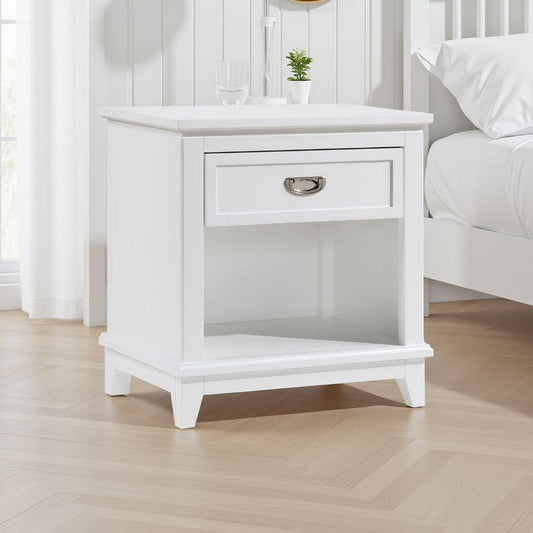 Sely Nightstand | 1 Drawer w Open Cubby | White Wood | Ring Handle