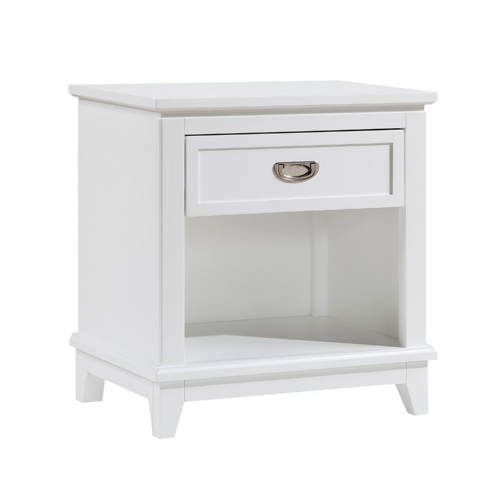 Sely Nightstand | 1 Drawer w Open Cubby | White Wood | Ring Handle