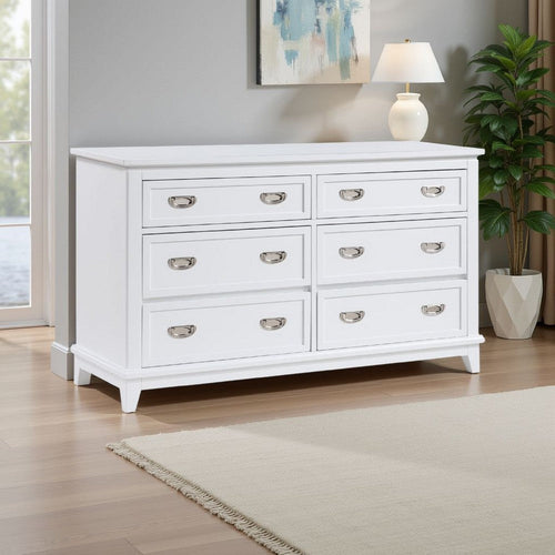 Sely Dresser | 55" | 6 Drawers | White Wood | Nickel Ring Handles