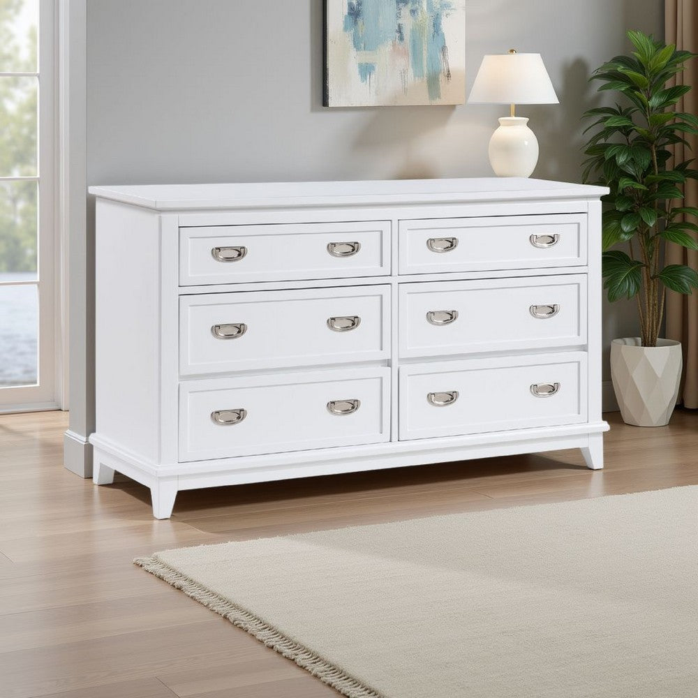 Sely Dresser | 55" | 6 Drawers | White Wood | Nickel Ring Handles