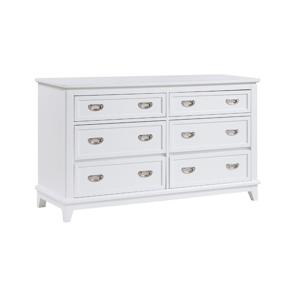 Sely Dresser | 55" | 6 Drawers | White Wood | Nickel Ring Handles