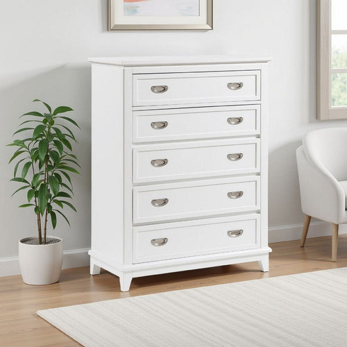 Sely Tall Dresser Chest | 5 Drawers | White Wood | Nickel Ring Handles