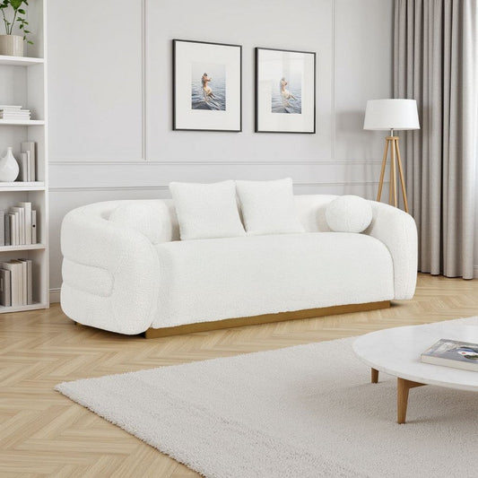 Novy Sofa | 4 Accent Pillows | White Sherpa | Gold | 93"