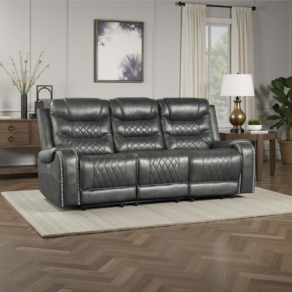 Paul Power Recliner Sofa | 87" | Gray Faux Leather | Drop Down Table