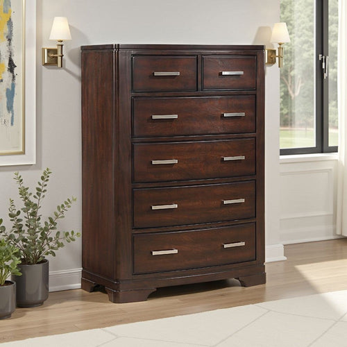 Hudy Tall Dresser Chest with 6 Drawers | Cherry Brown Birch Veneer