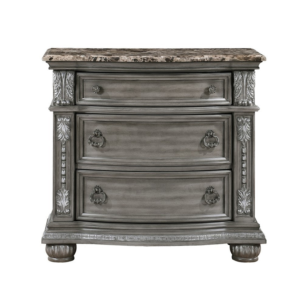Toga 3 Drawer Nightstand | Gray Acacia Wood Carved Details | 35’’ BM336323