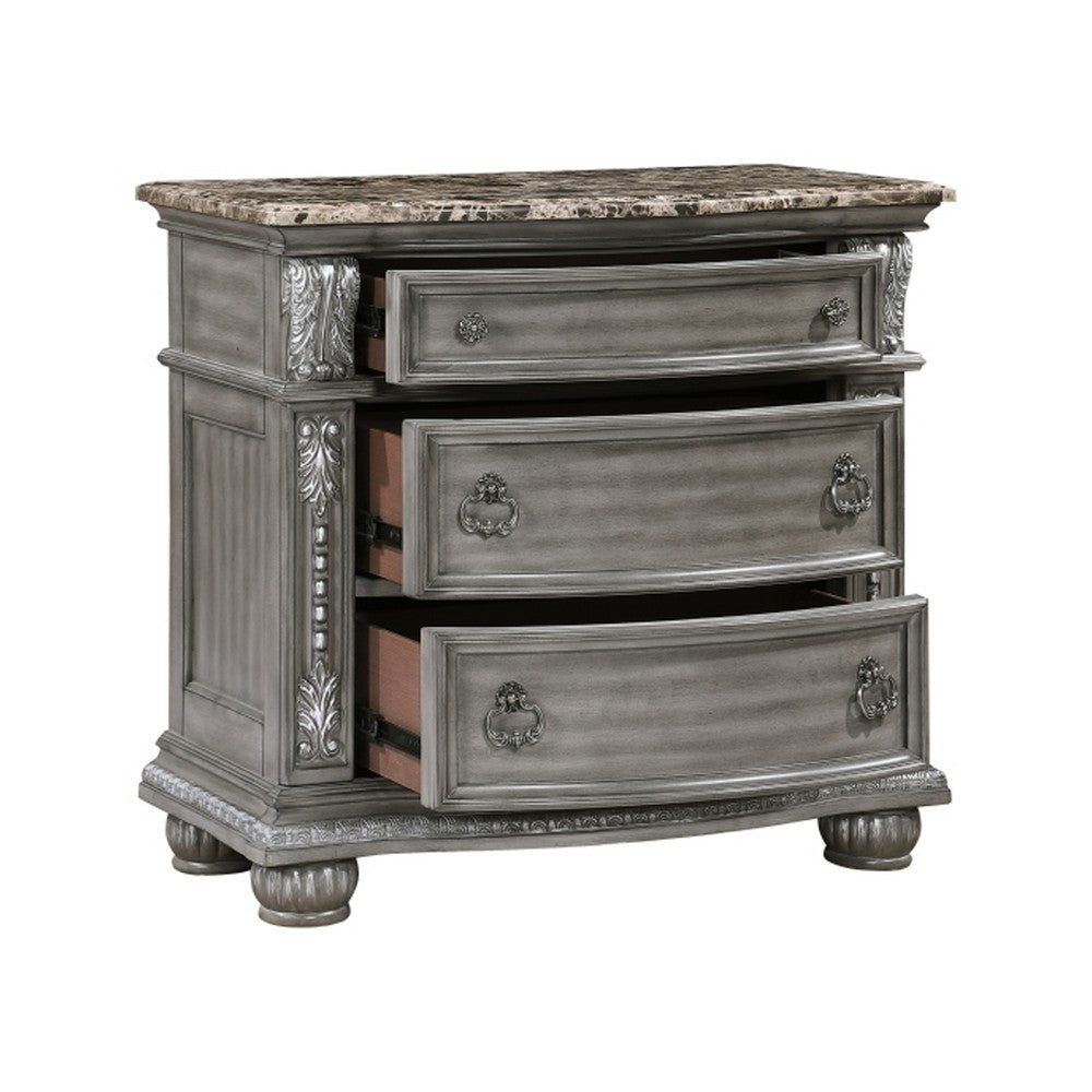 Toga 3 Drawer Nightstand | Gray Acacia Wood Carved Details | 35’’ BM336323