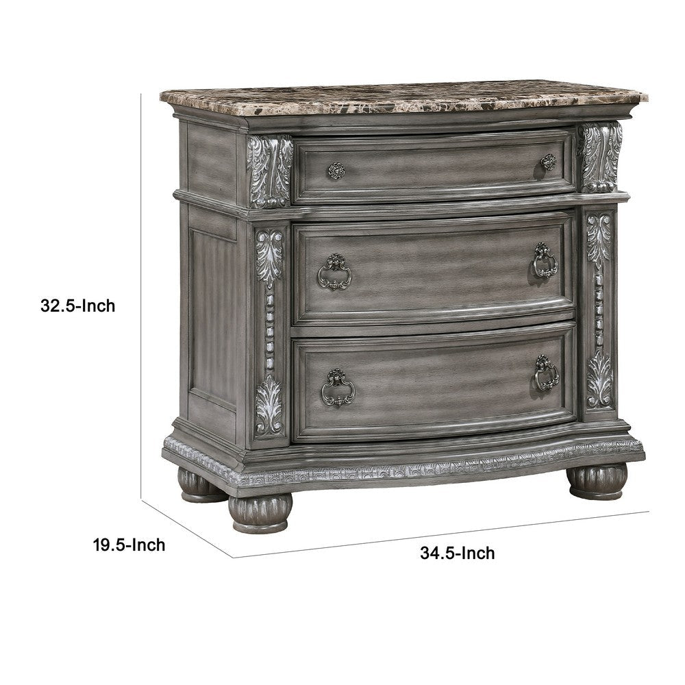Toga 3 Drawer Nightstand | Gray Acacia Wood Carved Details | 35’’ BM336323