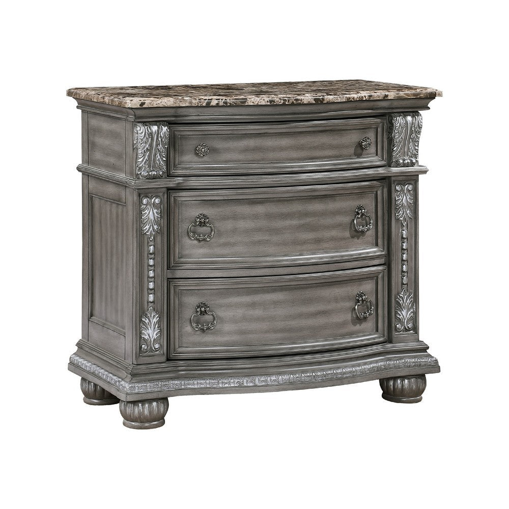 Toga 3 Drawer Nightstand | Gray Acacia Wood Carved Details | 35"
