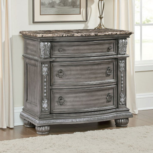 Toga 3 Drawer Nightstand | Gray Acacia Wood Carved Details | 35"