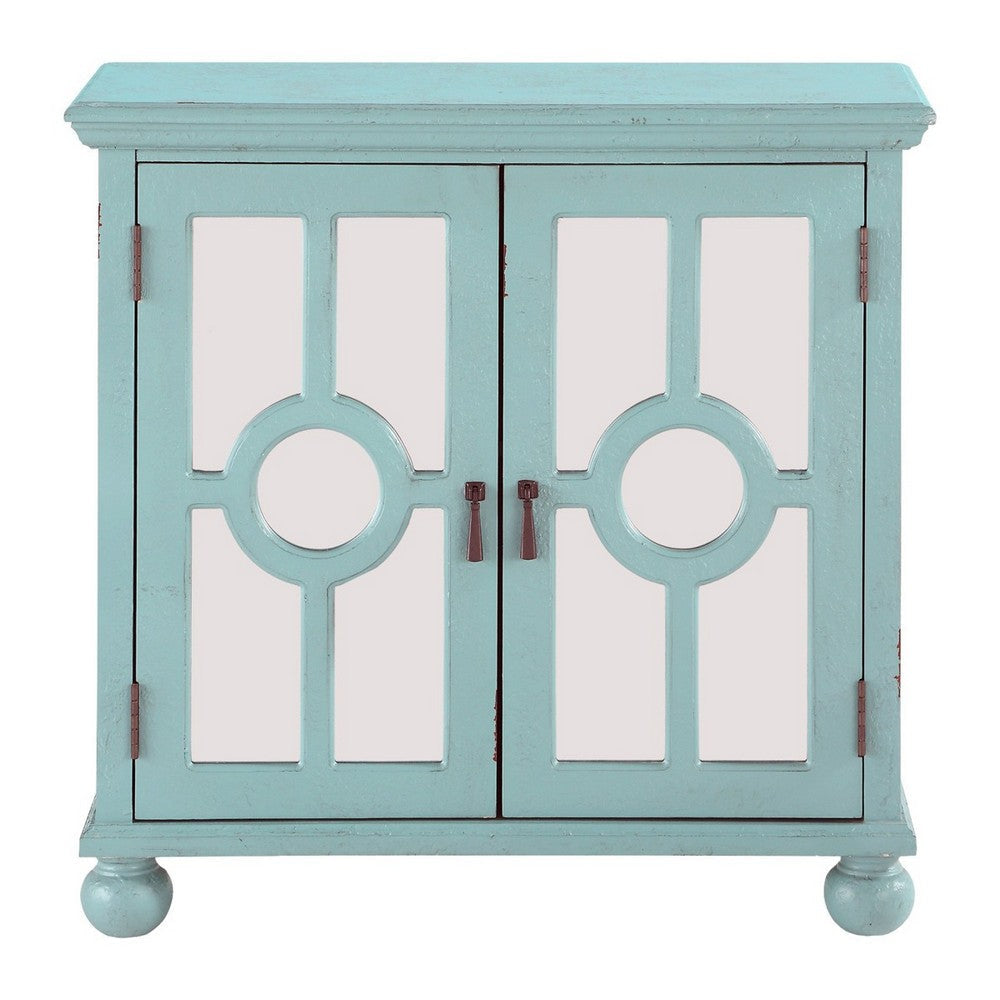 Anik Accent Cabinet | 2 Mirror Inlaid Glass Door | Aqua Green Wood