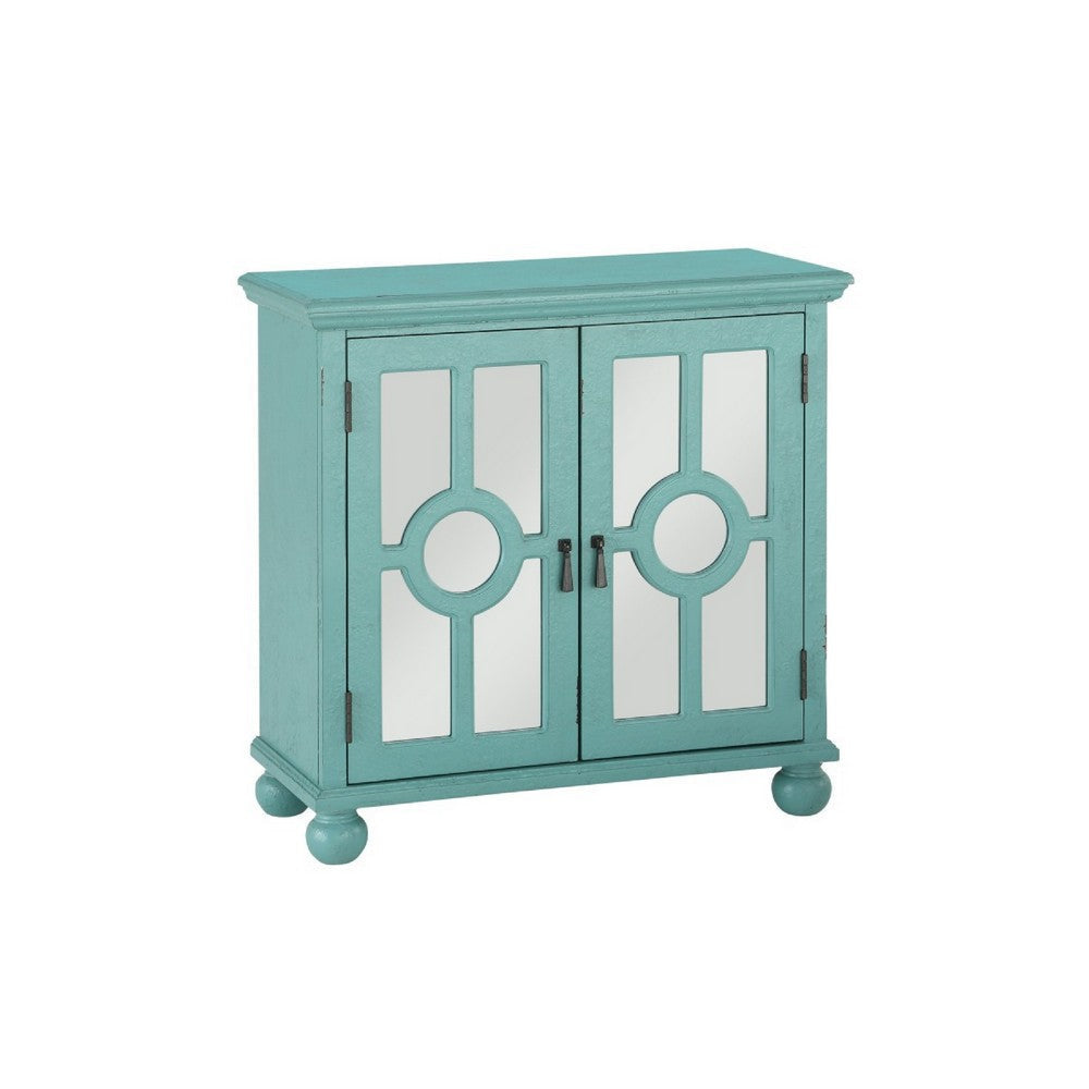 Anik Accent Cabinet | 2 Mirror Inlaid Glass Door | Aqua Green Wood