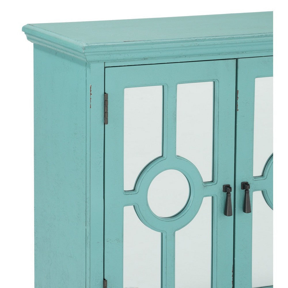 Anik Accent Cabinet | 2 Mirror Inlaid Glass Door | Aqua Green Wood