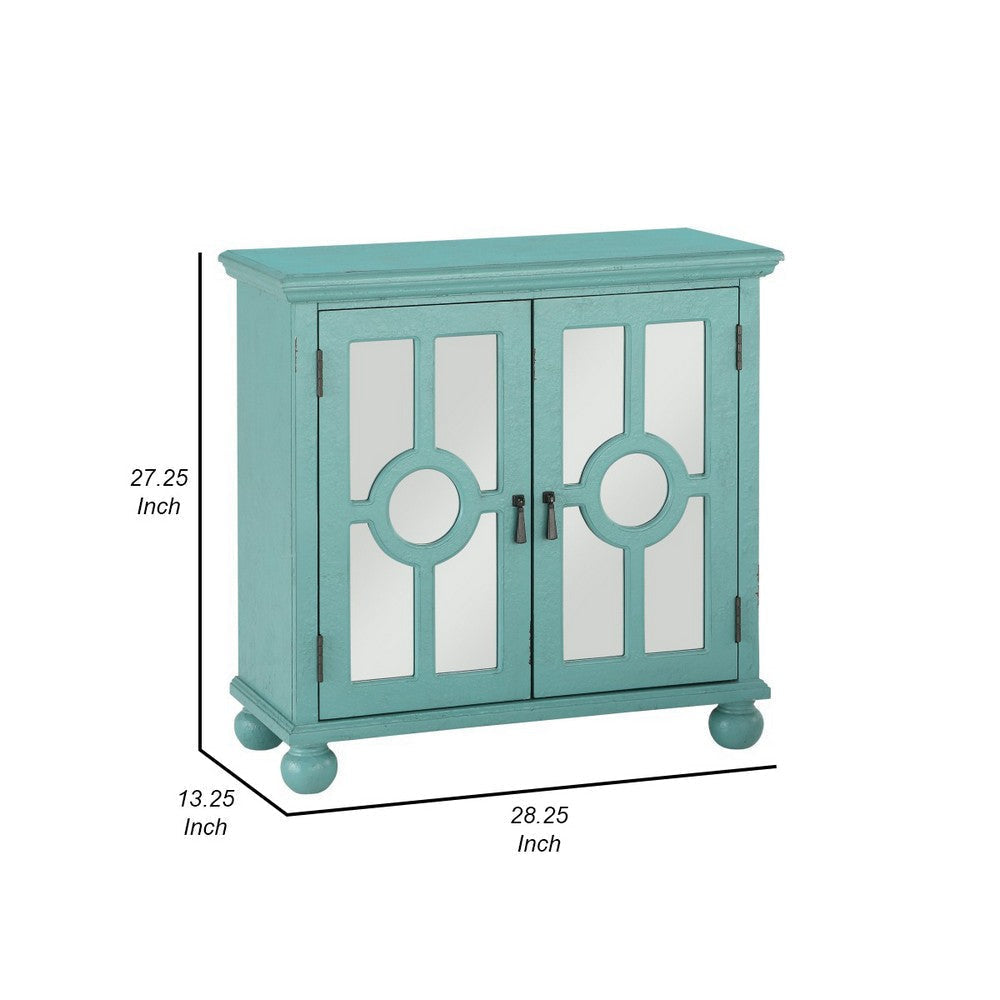 Anik Accent Cabinet | 2 Mirror Inlaid Glass Door | Aqua Green Wood