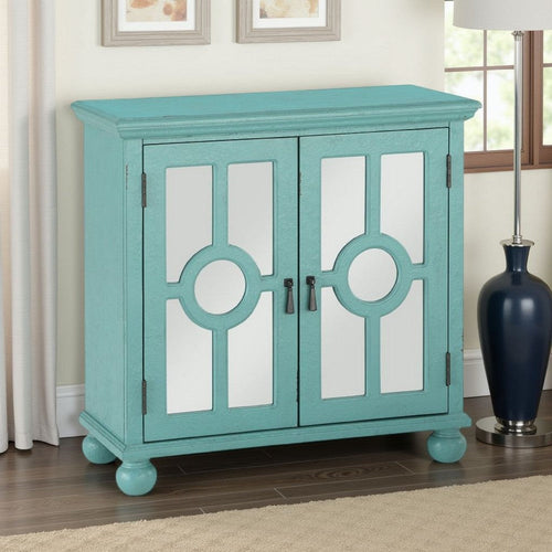 Anik Accent Cabinet | 2 Mirror Inlaid Glass Door | Aqua Green Wood