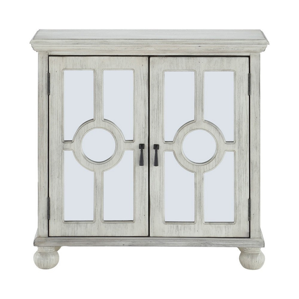 Anik Accent Cabinet | 2 Mirror Inlaid Glass Door | Antique White Wood