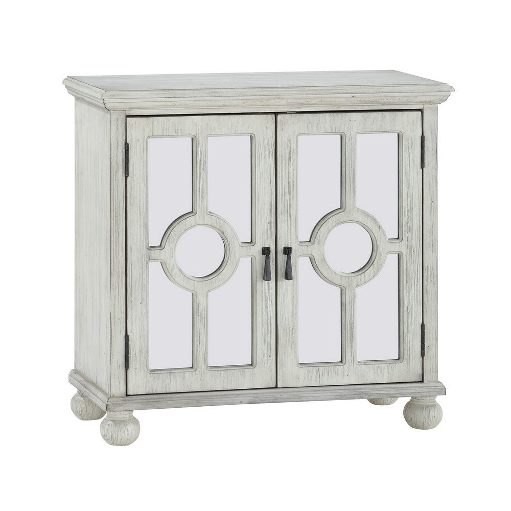 Anik Accent Cabinet | 2 Mirror Inlaid Glass Door | Antique White Wood