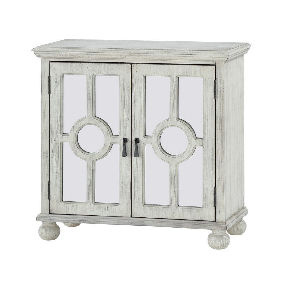 Anik Accent Cabinet | 2 Mirror Inlaid Glass Door | Antique White Wood