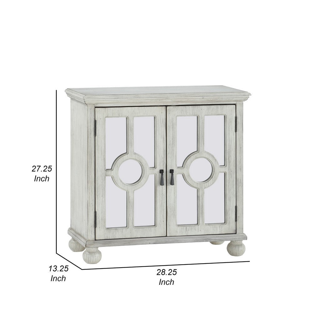 Anik Accent Cabinet | 2 Mirror Inlaid Glass Door | Antique White Wood