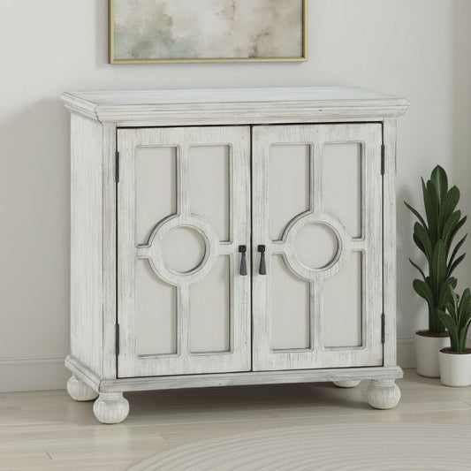 Anik Accent Cabinet | 2 Mirror Inlaid Glass Door | Antique White Wood