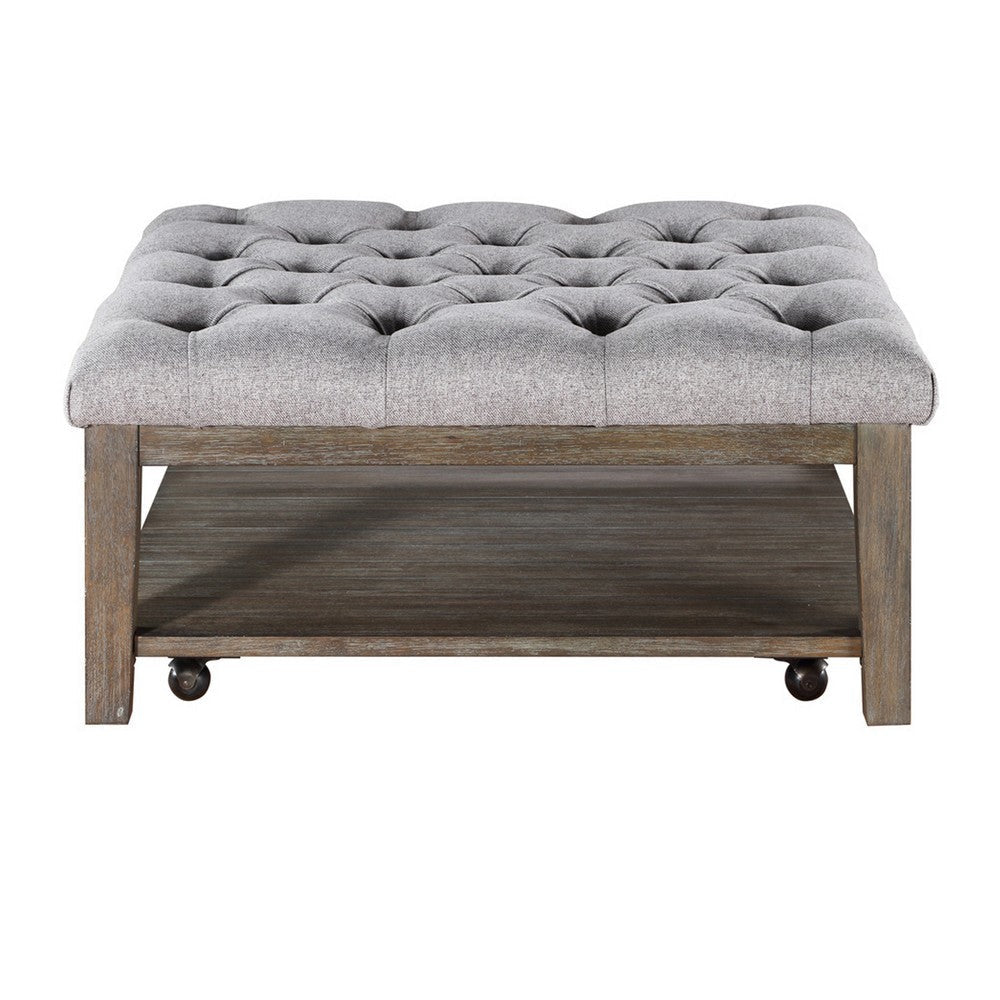 Bori Coffee Table Ottoman | 39’’ Button Tufted Gray | Brown Wood BM336332