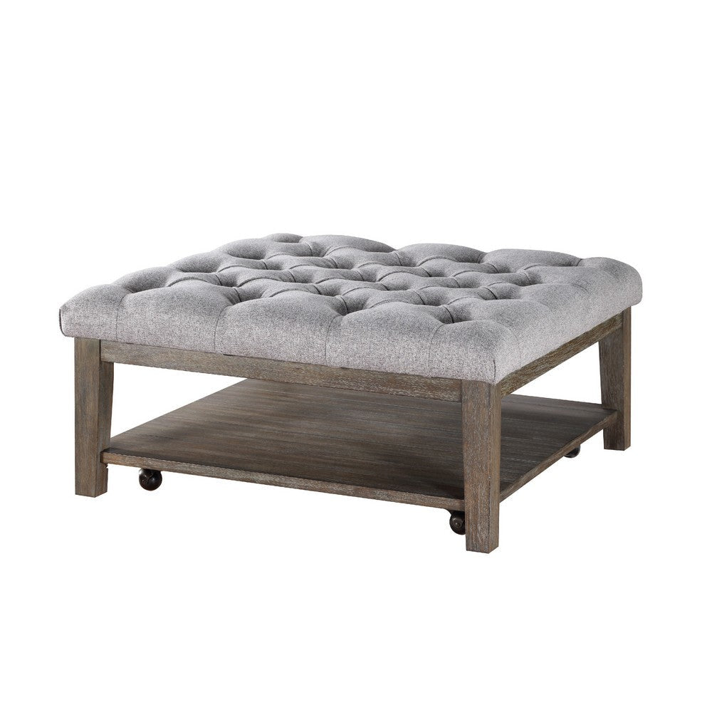 Bori Coffee Table Ottoman | 39’’ Button Tufted Gray | Brown Wood BM336332