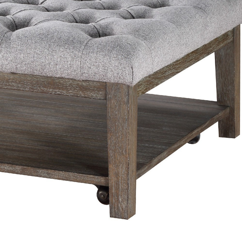 Bori Coffee Table Ottoman | 39’’ Button Tufted Gray | Brown Wood BM336332