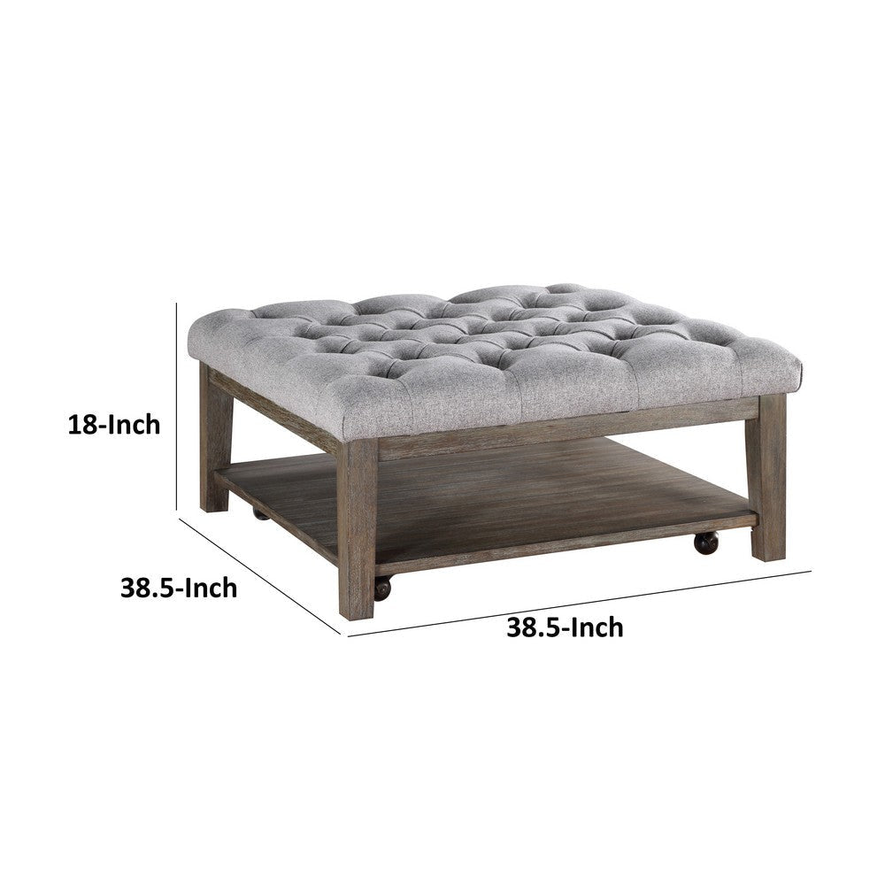 Bori Coffee Table Ottoman | 39’’ Button Tufted Gray | Brown Wood BM336332