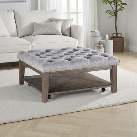 Bori Coffee Table Ottoman | 39" Button Tufted Gray | Brown Wood