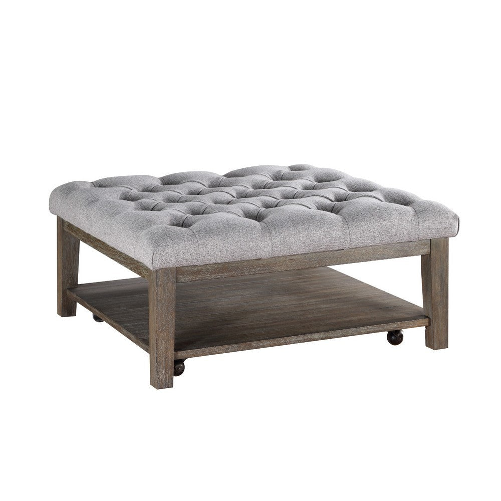 Bori Coffee Table Ottoman | 39" Button Tufted Gray | Brown Wood
