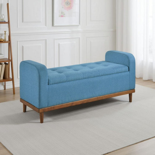 Bity Lift Top Storage Bench | Blue Textured Fabric | Wood Base | 50"