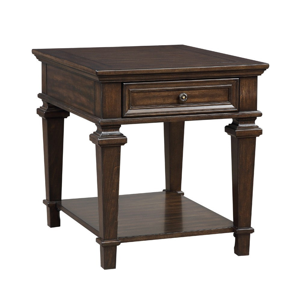 Tabby Side End Table with Drawer and Shelf | Brown Birch Wood 28"