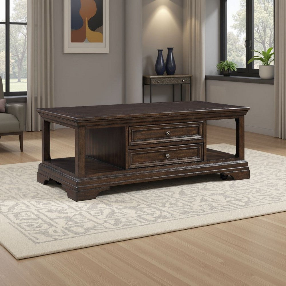Tabby Lift-Top Coffee Table | Side Shelves and Caster Wheels | Brown