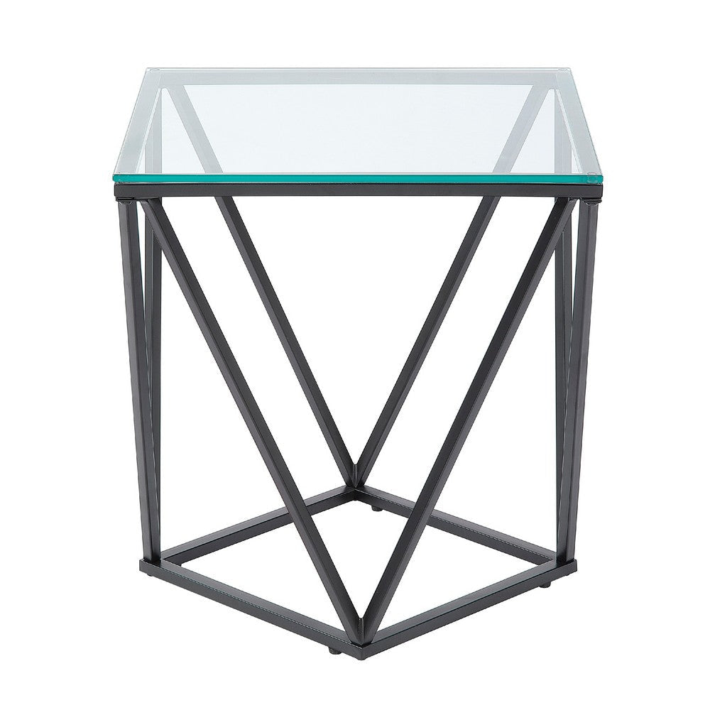 Lucas Side End Table | Clear Glass Top | Geometric Frame | Black Metal BM336343
